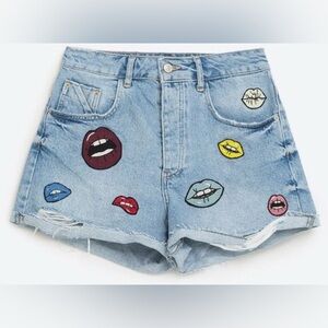 Zara Trafaluc Lips Embroidered Jean Shorts